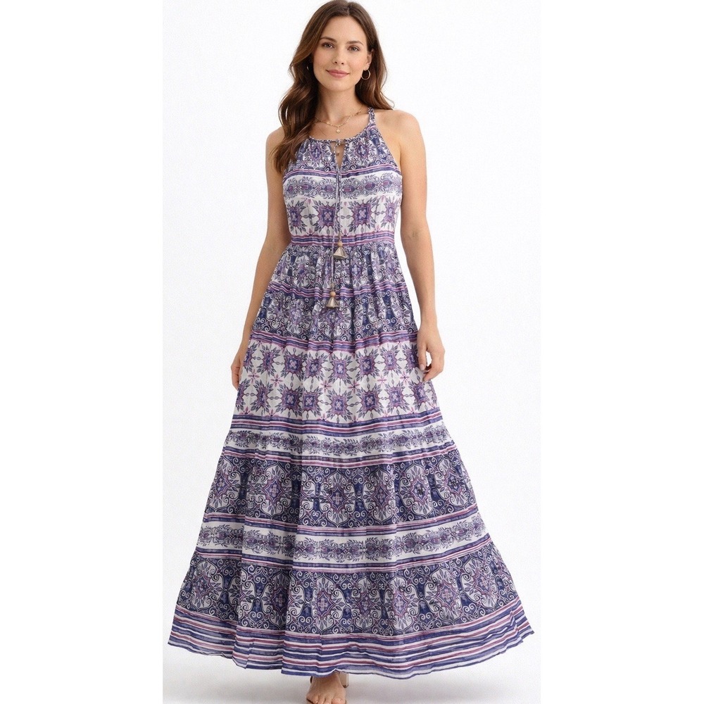 Womens Large Maxi Dress 100% Cotton Purple Boho Paisley Summer Beach Fairy Y2K